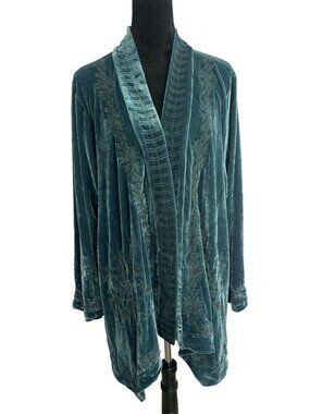 Time For Me Velvet Embroidered Kimono Cardigan Jacket Blue Plus Size 3XL Boho